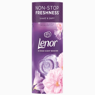 Lenor Exotic Bloom & Moonlight Lily Duftperler 176g – farverig plastbeholder med duftperler til vask, giver langvarig frisk duft af blomster og eksotiske noter.