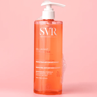 SVR Topialyse Washing Gel – stor klar flaske med pumpe, mild og sæbefri vaskegelé til meget tør, sensitiv og atopisk hud, velegnet til hele familien.
