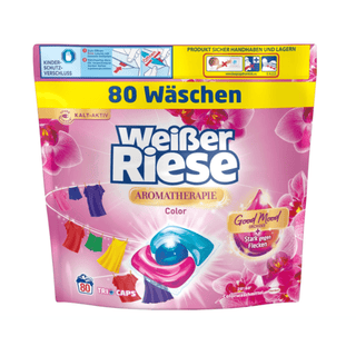 Weisser Riese Color Trio-Caps Aromatherapie Orchidee 80 stk i original emballage – farvekapsler med aromaterapi-duft af orkidé, der effektivt fjerner pletter og bevarer farvernes glans.