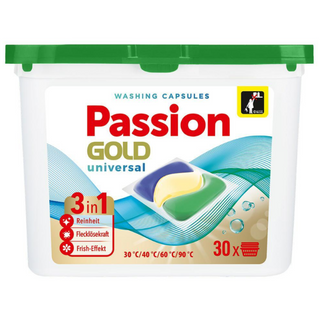 PASSION GOLD 30 Vaskekapsler 3-i-1 Universal i original emballage – effektive universalkapsler med frisk duft, der fjerner pletter og giver skinnende rent tøj.