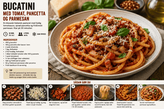 Bucatini med tomatsauce, pancetta, parmesan og basilikum i italiensk pastaret klar på 30 minutter