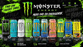 Monster Energy energidrik i 10 forskellige varianter, herunder Original Green, Ultra White, Mango Loco, Monarch og Rio Punch, på sort og grøn kampagnebanner fra Købogspar.