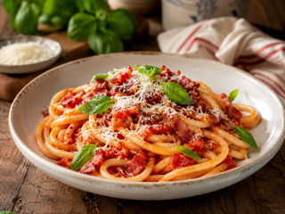 Bucatini med tomatsauce, pancetta, parmesan og basilikum serveret som italiensk pastaret