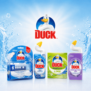 Duck Fresh Discs og Deep Action toiletrens med Duck-logo på blå baggrund – rengøringsprodukter hos Købogspar.