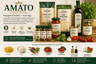 Amato italienske fødevarer med pasta, ris, krydderier, saucer, konserves og olivenolie.