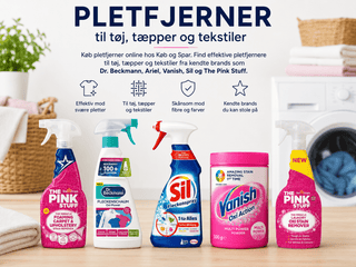 Pletfjerner til tøj, tæpper og tekstiler fra The Pink Stuff, Dr. Beckmann, Sil og Vanish