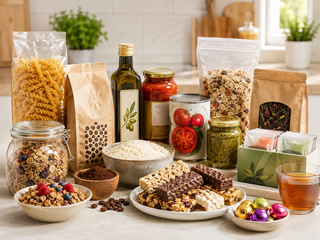 Fødevarer som pasta, ris, kaffe, te, morgenmad og snacks