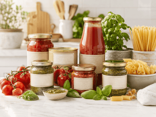 Tomatprodukter, pesto og saucer til pasta og madlavning