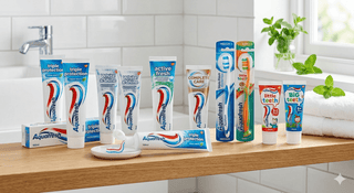 Aquafresh tandpasta tuber med den ikoniske trefarvede stribe, vist sammen med en tandbørste og friske mynteblade hos Købogspar.