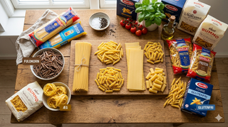 Stort udvalg af italiensk pasta herunder klassisk pasta, fuldkornspasta, æggepasta og glutenfri varianter på et rustikt træbord hos Købogspar.