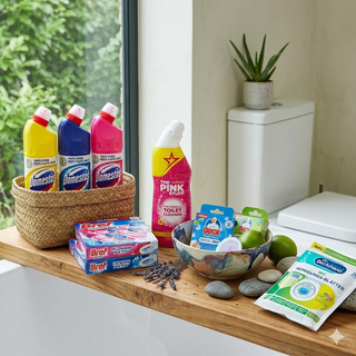 Et udvalg af toiletrens og WC-blokke fra mærker som Domestos, The Pink Stuff, Bref Power Aktiv, Duck Fresh Discs og Dr. Beckmann rengørings-blade opstillet på en træhylde på et lyst badeværelse.