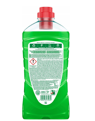 Ajax Spring Flowers Universalvæske 1000ml  bagside af flaske– grøn rengøringsvæske i stor flaske med blomsterduft, effektiv til rengøring af alle overflader i hjemmet. Ajax Universal Spring Flowers bagside med detaljeret produktinformation og doseringsvejledning.
Viser korrekt anvendelse til effektiv og sikker rengøring i køkken, badeværelse og på gulve.
Et alsidigt rengøringsmiddel designet til daglig brug i moderne hjem.