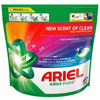 Ariel All-in-1 Pods Color vaskekapsler 65 vaske til effektiv vask af farvet tøj. Vaskekapslerne hjælper med at fjerne svære pletter og lugt, selv ved korte og kolde vaskeprogrammer, og er velegnede til daglig tøjvask.