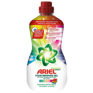 Ariel Diamond Bright pletfjerner gel 950 ml til farvet tøj. Effektiv pletfjerner til vask og tekstilpleje, der hjælper med at fjerne svære pletter, dårlig lugt og snavs, samtidig med at den beskytter farverne på tøjet.