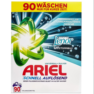 Ariel Universal+ pulver Touch of Lenor Unstoppables 4,95 kg – 90 vaske, kraftig rengøring og langvarig friskhed.Ariel Vaskepulver Universal+ Touch of Lenor Unstoppables 4,95 kg vaskepulver til 90 vaske med kraftfuld pletfjerning allerede fra første vask.
Effektiv i koldt vand og ved 30°C, beskytter både farver og hvidt tøj samt efterlader en langvarig frisk Lenor-duft.
Opløses hurtigt uden at efterlade rester og sikrer strålende renhed samt professionel vaskeeffekt i hver vask.
Køb billig Ariel vaskepulver 