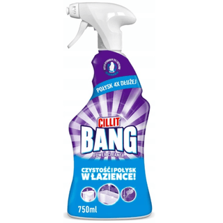 Cillit Bang Bathroom Cleaner 750 ml – kraftfuld rengøringsspray til badeværelset med effektiv fjernelse af kalk, sæberester, rust og snavs. Superaktiv formel giver skinnende rene overflader og hjælper med at forhindre nye aflejringer. Velegnet til vask, armaturer, brusekabiner, fliser og keramiske overflader. Giver op til 4 gange længere glans sammenlignet med tidligere formel. Køb online hos Købogspar – dansk webshop med hurtig levering og gode pris.Billede af Cillit Bang bade rengørings spray flaske 750ml