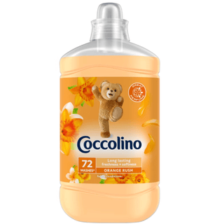 Coccolino Skyllemiddel Orange 1700 ml i stor orange flaske med Coccolino-bjørn, frisk appelsin- og citrusduft, koncentreret skyllemiddel der gør tøjet blødt, velduftende og lettere at stryge, langtidsholdbar friskhed til hver vaskCoccolino skyllemiddel Orange 1700ml – efterlader tøjet blødt og friskt med en livlig citrusduft, sikrer langvarig friskhed og behagelig blødhed efter hver vask.