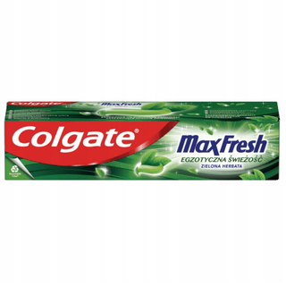 Colgate MaxFresh Green Tea tandpasta med frisk smag af grøn te, der hjælper med at give frisk ånde og rene tænder.
