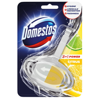 Domestos WC blok Citrus 3-i-1 – effektiv toiletrens, der bekæmper bakterier, forhindrer kalkaflejringer og giver langvarig frisk citrusduft ved hver skylning; nem montering og hurtig levering fra Købogspar