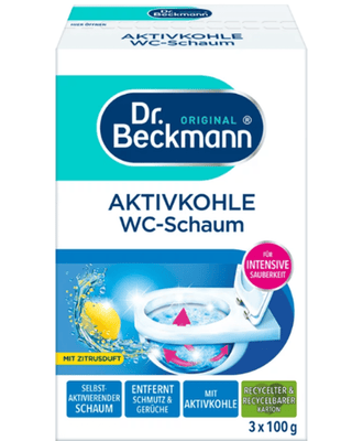 Dr. Beckmann Toilet Skum med Aktivt Kul – dybderensende WC-skum mod kalk, urinbelægninger og dårlig lugt, aktiveres ved kontakt med vand og danner kraftigt skum med frisk citrusduft, effektiv toiletrens i genbrugsemballage