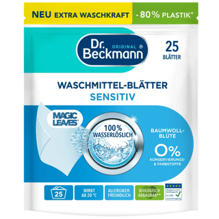 Dr. Beckmann Vaskeark Sensitive 25 stk – innovative vaskemiddelservietter der opløses fuldstændigt i vand og giver hygiejnisk ren vask selv ved 20°C, skånsom formular uden farvestoffer og konserveringsmidler med aloe vera der er mild mod huden; perfekt til korte programmer og håndvask, kompakt format der sparer plads og reducerer plastforbrug med op til 80 % – hurtig levering hos Købogspar