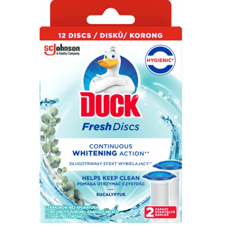 Duck Fresh Discs Eucalyptus refill er en pakke med 12 gel-discs til toilet, der hjælper med at holde toilettet rent efter hver skylning. Produktet giver en frisk eukalyptusduft og bidrager til en hygiejnisk og velduftende toiletkumme. Refill-pakken bruges sammen med Duck Fresh Discs applikator.

