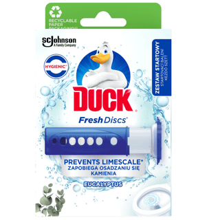 Duck Fresh Discs Eucalyptus starter kit er en toiletrenser og toiletfrisker, der hjælper med at holde toilettet rent efter hver skylning. Produktet forebygger kalkaflejringer og efterlader en frisk eukalyptusduft. Sættet indeholder applikator og gel-discs, som nemt påføres direkte i toiletkummen.
