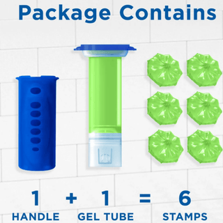 Duck Fresh Discs Lime indhold – grafik der viser pakkeindhold: 1 holder, 1 gel-tube og 6 lime-duftende gel-stamps, trin-for-trin brug, nem montering i toiletkummen, langvarig friskhed og effektiv beskyttelse mod kalk og dårlig lugt