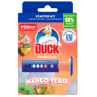 Duck Fresh Discs Mangoverse limited edition starter kit er en toiletrenser og frisker, der hjælper med at holde toilettet rent og friskt efter hver skylning. Sættet indeholder holder og gel-discs med tropisk mangoduft og er nemt at påføre direkte i toiletkummen.
