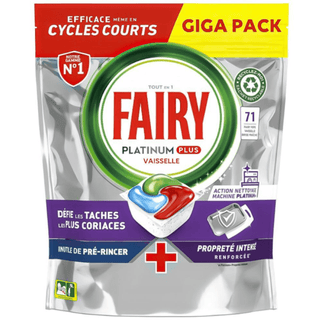 Fairy Platinum Plus Lemon 71 stk – kraftfulde alt-i-én opvasketabs der opløser fastbrændt mad, fedt og genstridigt snavs, med indbygget salt, afspændingsmiddel og glas-/sølvbeskyttelse for skinnende rene tallerkener, glas og bestik; avanceret formel der renser maskinens filtre og sprøjtearme, efterlader frisk citronduft og giver professionel rengøring fra første vask – hurtig levering hos Købogspar