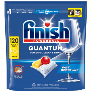 Finish Quantum Lemon 120 stk – opvasketabs med kraftfuld rengøring og frisk citronduft, fjerner genstridigt snavs og giver skinnende ren opvask hver gang.Finish Quantum Lemon Powerball 120 stk – fjerner fastbrændt snavs, opløses hurtigt og giver skinnende rene glas og service.Finish Quantum Lemon opvasketabletter 120 tabs – stærk rengøring, frisk citrenduft og genanvendelig emballage.