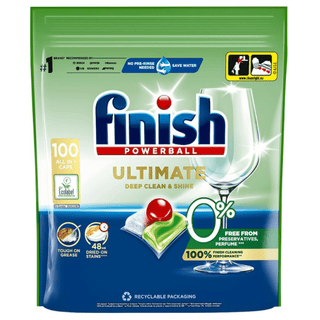 Finish Ultimate 0% opvasketabs 100 stk – miljøvenlige og parfumefri opvasketabs med vandopløselig film, effektiv mod fastbrændt og indtørret snavs, fri for konserveringsmidler og parfume; EU-miljømærket valg til ren og skånsom opvask – køb hos Købogspar med hurtig levering
