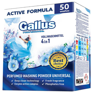 Gallus Vaskepulver Universal 2,5 kg – effektivt og alsidigt vaskepulver til både hvidt og farvet tøj. Den avancerede 4-i-1 Active Formula med enzymer trænger dybt ind i tekstilfibrene og fjerner snavs, pletter og lugt allerede ved daglig vask. Vaskepulveret sikrer synligt renere tekstiler uden at slide på materialet og efterlader en frisk og behagelig duft, der holder længe. Fosfatfri sammensætning gør det til et mere ansvarligt valg for både hjemmet og miljøet. Velegnet til alle typer vaskemaskiner. 