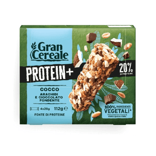 Gran Cereale Protein+ er sprøde proteinbarer med kokos, peanuts og mørk chokolade, lavet med 100% vegetabilske ingredienser og 20% protein. Perfekt som snack, mellemmåltid, madpakke eller efter træning. Køb Gran Cereale proteinbarer online til lav pris — blandt de billigste snacks og dagligvarer. Søgeord: Gran Cereale Protein, proteinbar, kokos bar, peanut bar, mørk chokolade, billigst online, dagligvarer billigst.