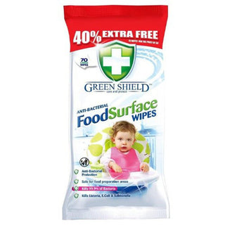 Green Shield Antibakterielle Rengøringsservietter 40% ekstra – effektive wipes der fjerner op til 99,9% bakterier som Listeria, E. coli og Salmonella, perfekte til køkkenbordplader, madlavningsområder og børnesikre overflader, stærke og holdbare servietter uden skadelige kemikalier, hurtigtørrende og praktiske i hverdagen, 70 stk i pakke, billig pris og hurtig levering hos KøbogsparGreen Shield | Antibakteriel fødevare kontakt servietter | 70 stk 0.22/Stk. - Køb og spar