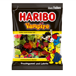 Pose af Haribo Vampire 200 g – farverige frugtgummi slik med lakrids og bløde vingummivinger, populære blandt både børn og voksne. Haribo-klassiker med intens frugtsmag og mild lakridssmag, perfekt som hygge-snack, til Halloween eller som sødt til hverdag. Produktet er klar til hurtig levering – køb og spar hos os.