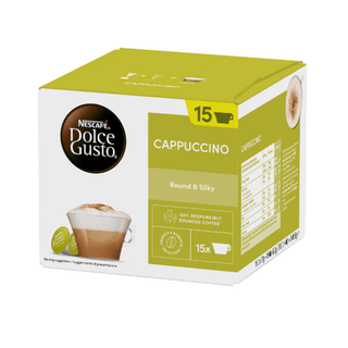 Nescafé Dolce Gusto Cappuccino er kaffekapsler til cremet cappuccino med rund og blød smag, perfekt til morgenkaffe, kaffepause og hyggestunder derhjemme. Pakke til 15 kopper til Dolce Gusto kaffemaskine. Køb Dolce Gusto cappuccino kapsler online til lav pris — blandt de billigste kaffe kapsler og dagligvarer. Søgeord: Dolce Gusto Cappuccino, Nescafé kaffekapsler, cappuccino kapsler, kaffe kapsler, billigst online, dagligvarer billigst.