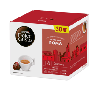 Nescafé Dolce Gusto Espresso Roma er kaffekapsler med intensitet 8 og cremet italiensk espressosmag, perfekt til hurtig kaffe derhjemme. Pakke med 30 kapsler til Dolce Gusto kaffemaskine. Køb Dolce Gusto kapsler online til lav pris — blandt de billigste kaffe kapsler og dagligvarer. Søgeord: Dolce Gusto Espresso Roma, Nescafé kaffekapsler, espresso kapsler, kaffe kapsler, billigst online, dagligvarer billigst.