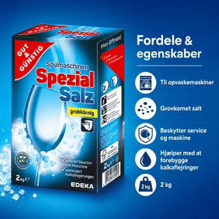 G&G Spezial Salz 2 kg grovkornet opvaskemaskinesalt til opvaskemaskiner – produktbillede med fordele og egenskaber, herunder beskyttelse af service og maskine, hjælp mod kalkaflejringer og anvendelse til en mere effektiv opvask