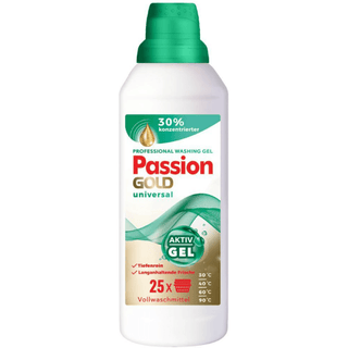 Passion Gold Universal vaskemiddel 1L – effektiv flydende vaskegel til både hvidt og farvet tøj. Den koncentrerede Universal Active Gel med enzymer trænger dybt ind i tekstilfibrene og fjerner snavs, pletter og lugt selv ved lave temperaturer. Velegnet til maskinvask og håndvask. Bevarer tekstilernes struktur, beskytter farver og efterlader tøjet rent, friskt og velduftende. Ideel til daglig vask i husholdningen ved 30–60°C og op til 25 vaske pr. flaske
