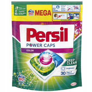 Persil Vaskekapsler Color 60 stk – MEGA Power Caps Color med Deep Clean-teknologi, effektiv pletfjerning fra 20°C, farvebeskyttelse, intens farvebevaring og hygiejnisk friskhed til farvet tøj, pakket i 100% genanvendelig emballage med 92% biologisk nedbrydelige ingredienser