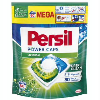 Persil Vaskekapsler Universal 60 stk – Deep Clean Power Caps i mega-pakke, effektiv pletfjerning fra 20°C, skånsom mod farver og fibre, giver hygiejnisk friskhed i både tøj og vaskemaskine, 92% biologisk nedbrydelige ingredienser og 100% genanvendelig emballage, ideal til hvidt og farvet tøj