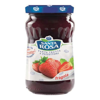 Santa Rosa jordbærmarmelade med frugtstykker i glas
