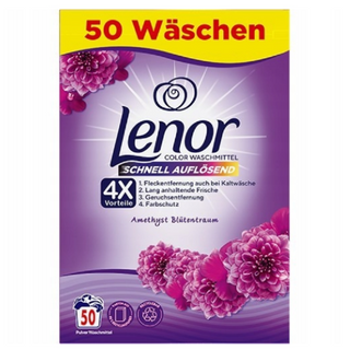 Lenor Vaskemiddel Amethyst Blumentraum 3250g – stor lilla beholder med vaskepulver, giver renhed og en langvarig blomsterduft med noter af amethyst og lavendel.