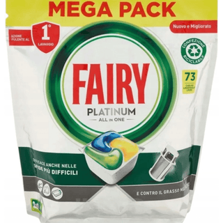 Fairy Opvasketabs Platinum All-in-One Lemon 73 stk i original emballage – effektive opvasketabletter med frisk citrenduft, der fjerner fedt og madrester for skinnende rent service.