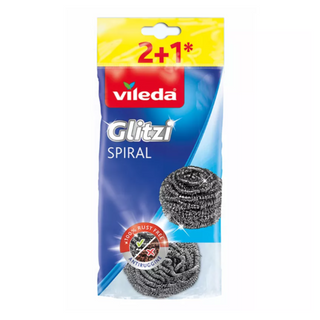 Vileda Glitzi Spiral Inox Stål Køkkenskuresvamp 3 stk i original emballage – robuste stålsvampe, der effektivt fjerner fastbrændt snavs og fedt uden at ridse overflader.