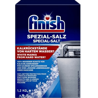 Finish Opvaskemaskine Salt 1,2 kg i original emballage – specialsalt, der blødgør vandet, forhindrer kalkaflejringer og sikrer skinnende rent service efter hver vask.