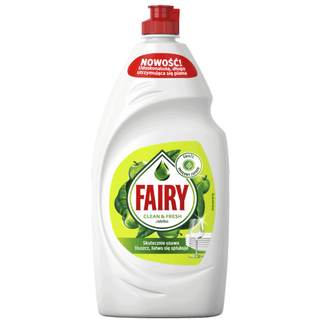 Fairy Opvaskemiddel Æble 900 ml i original emballage – effektivt opvaskemiddel med frisk duft af æble, der fjerner fedt og efterlader skinnende rene tallerkener.