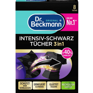 Dr. Beckmann 3-i-1 Sorte Stofklude i original emballage – farve- og snavssamlere, der beskytter tøjet mod misfarvning og holder vasken ren og frisk.