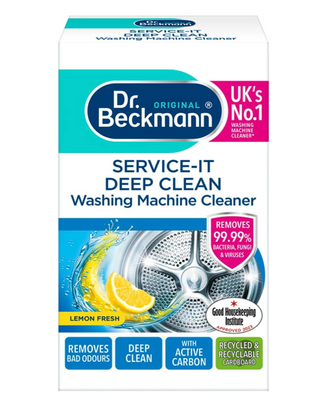 Bagside af Dr. Beckmann Service-It Deep Clean rengøringsmiddel til vaskemaskiner med detaljeret brugsanvisning, miljøinformation og produktbeskrivelse.